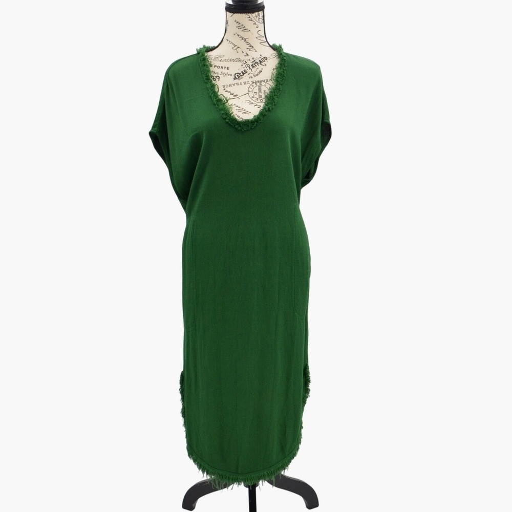 Raquel Allegra Midi Caftan Dress Green Fringe Raw Edge 0 Lagenlook Art to Wear